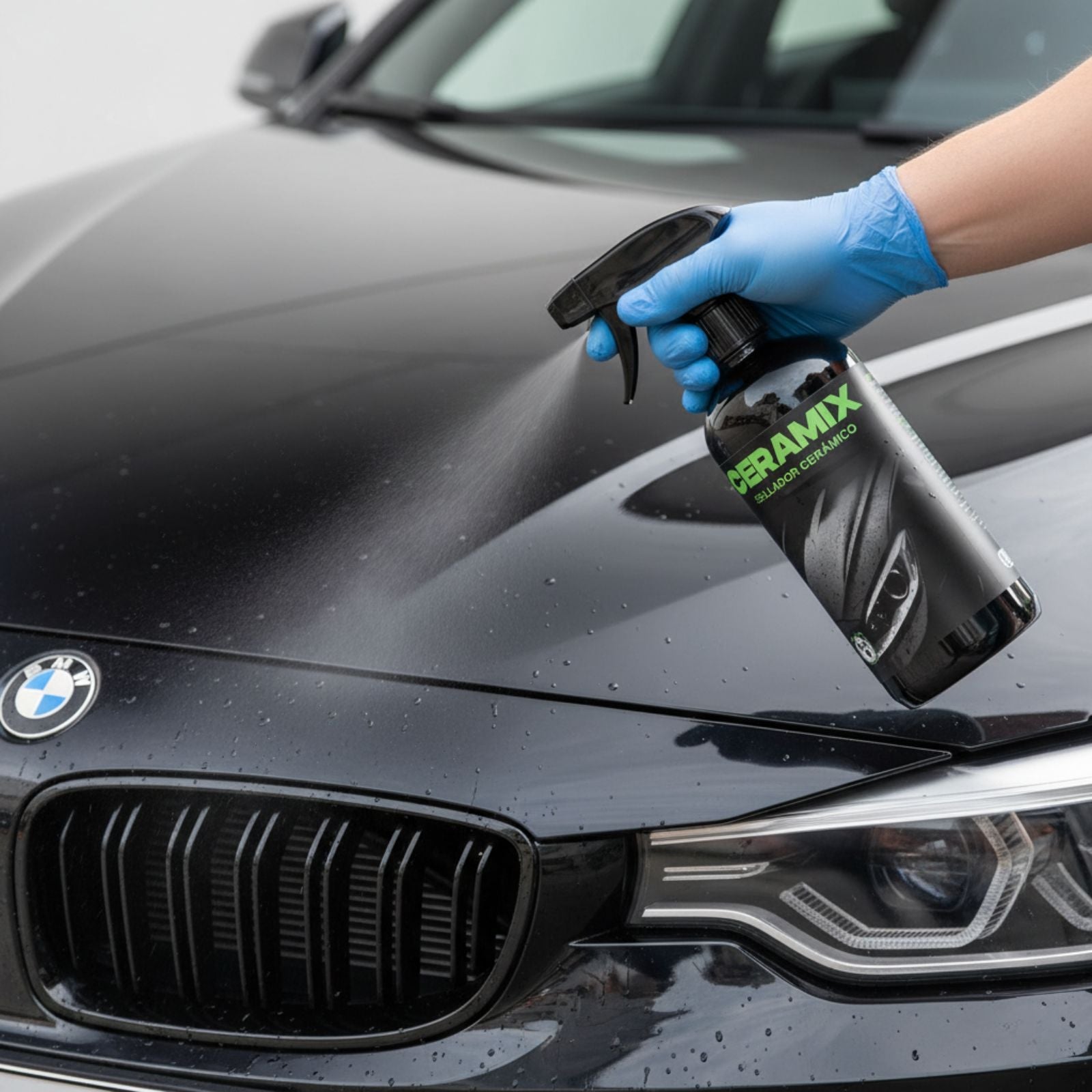 Aplicación de Ceramix sellador cerámico sobre carrocería del coche con microfibra, protección UV y efecto repelente al agua