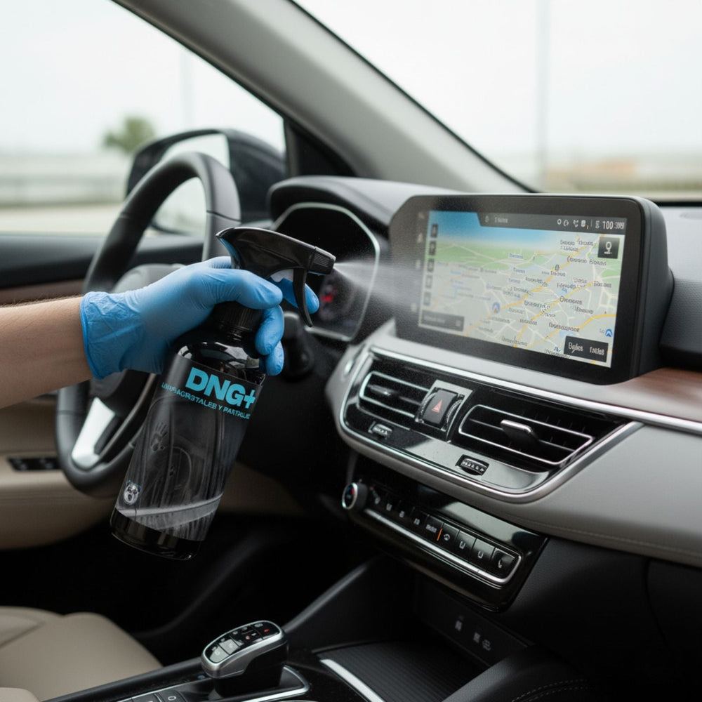 Aplicación de DNG+ sobre parabrisas del coche con microfibra, acabado transparente y visibilidad perfecta