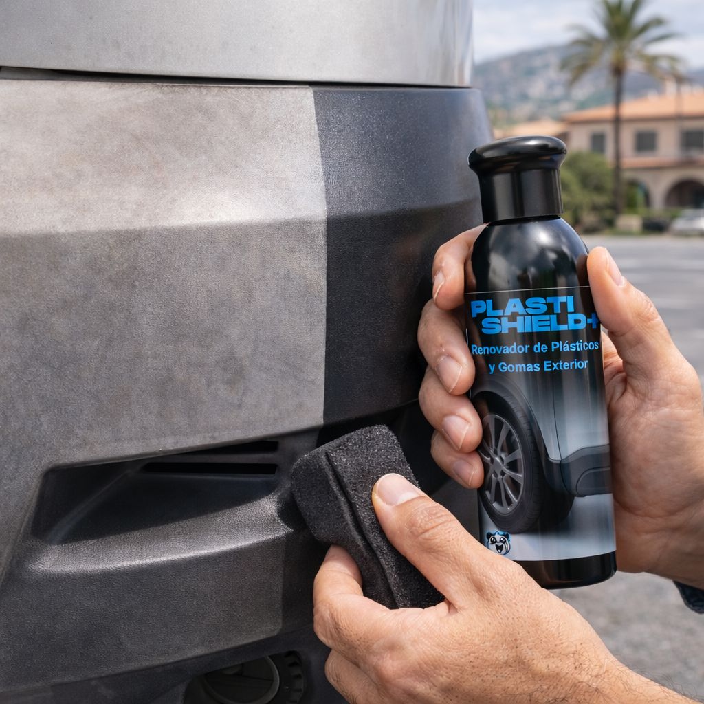 Aplicación de Plastishield sobre paragolpes y molduras negras del coche, acabado tipo showroom sin marcas